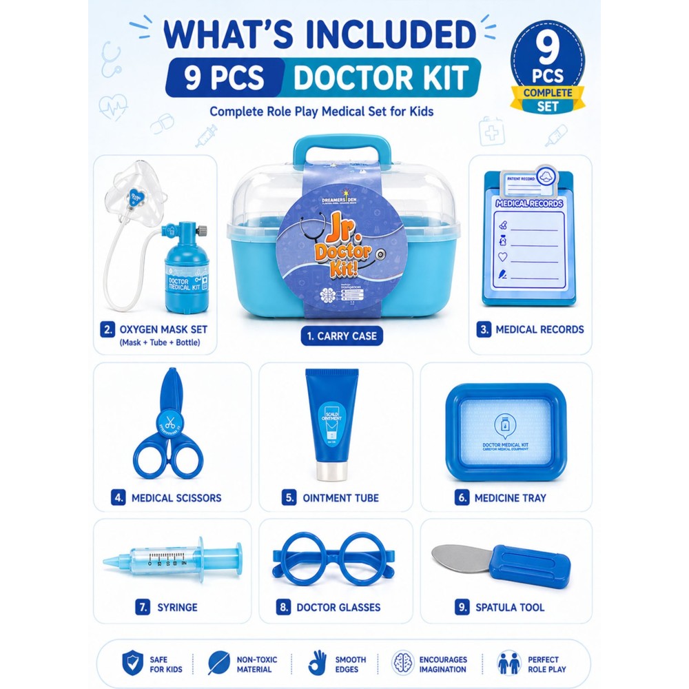Jr. Doctor Kit - Medical Playset With Carry Case - 9 Pc Set