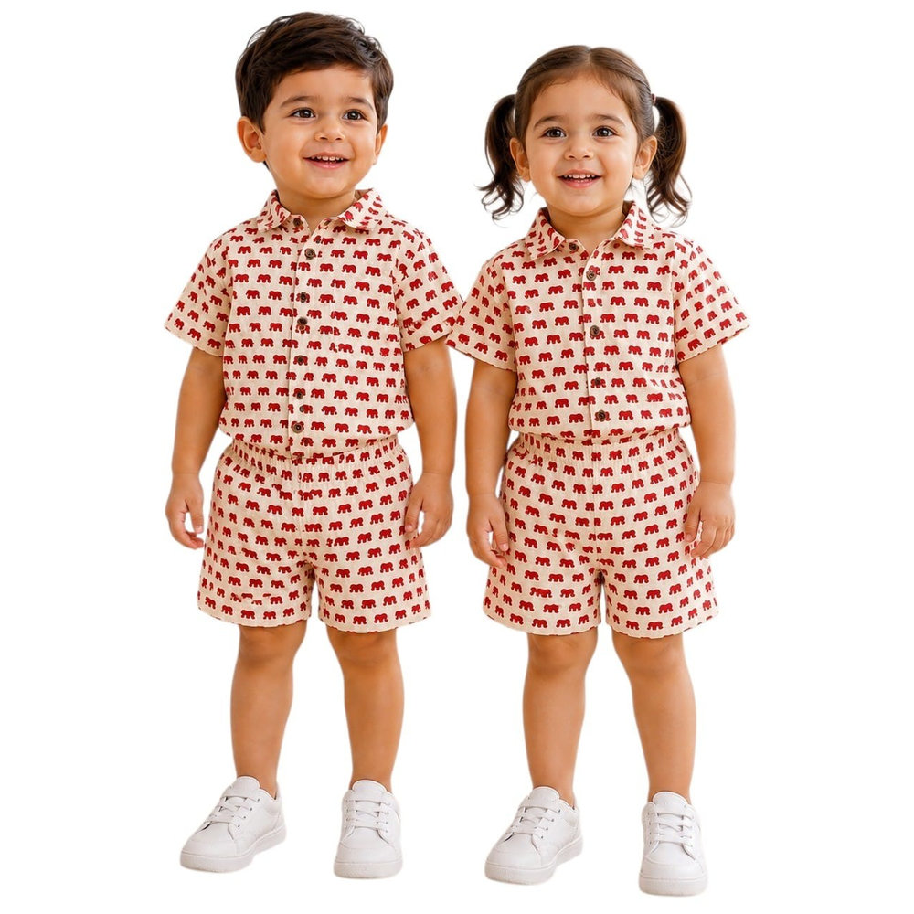 Matching Family Outfits - 2pc-Set - Little Elephant Parade Co-ord Set - White/Red_2.5-3.5Y
