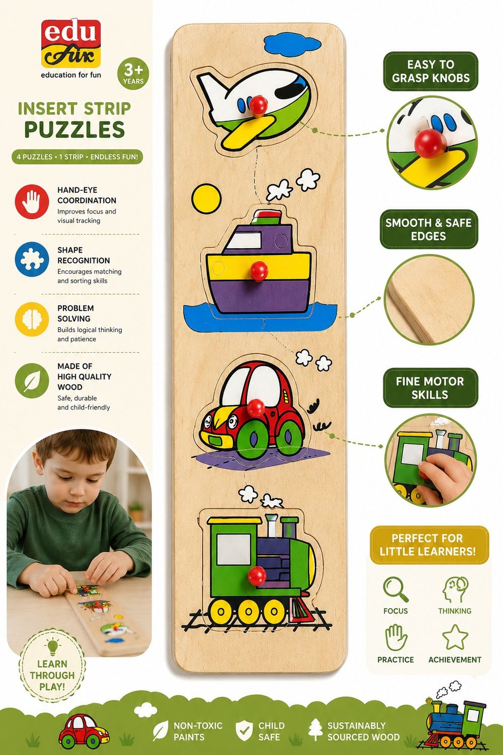 Edu Fun - Insert Strip Wooden Puzzle Set - Vehicles - 5 Pcs