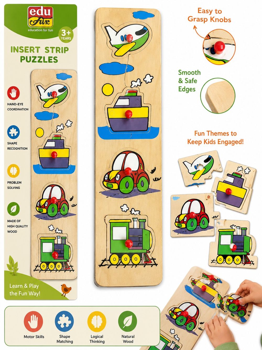Edu Fun - Insert Strip Wooden Puzzle Set - Vehicles - 5 Pcs