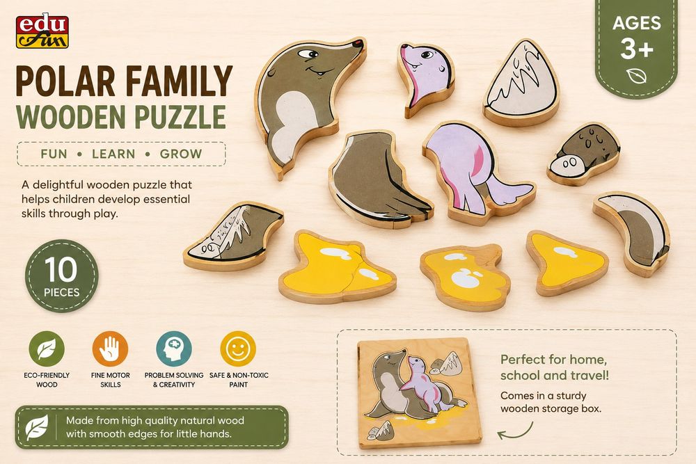 Edu Fun - Polar Family Wooden Learning Puzzle Set - Multicolor - 10 Pcs