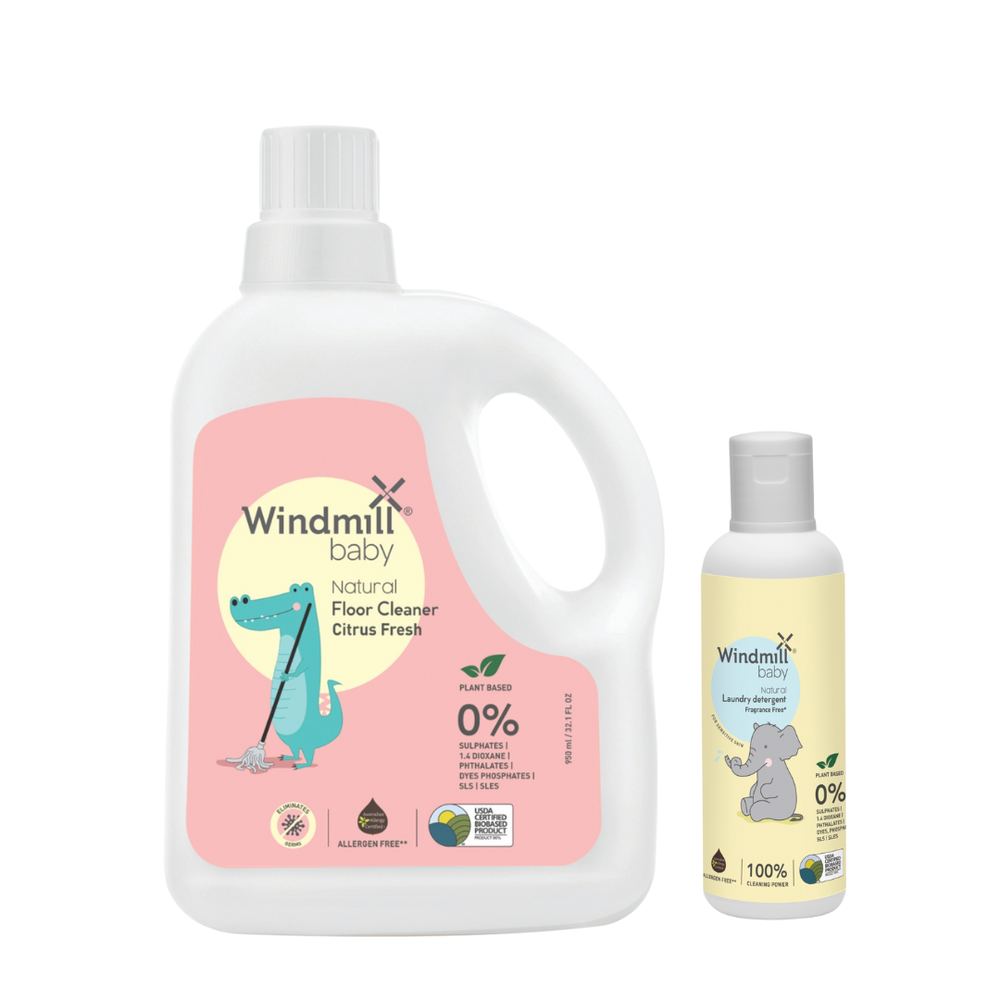 Windmill Baby Natural Floor Cleaner Citrus Fresh - 950 ml With Fragrance Free Laundry Detergent - 100 ml