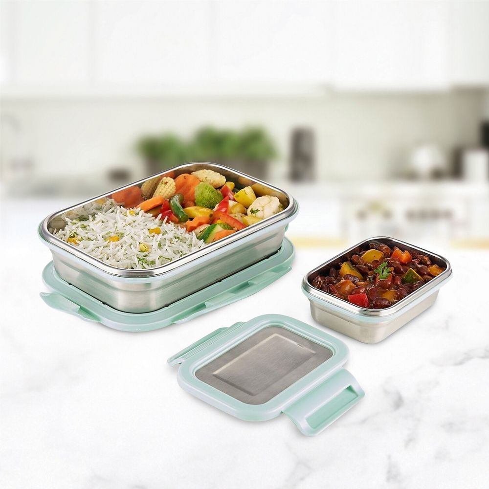 Borosil - Stainless Steel Rectangular Lunch Box Set - Green - 2 Pcs - 1 L