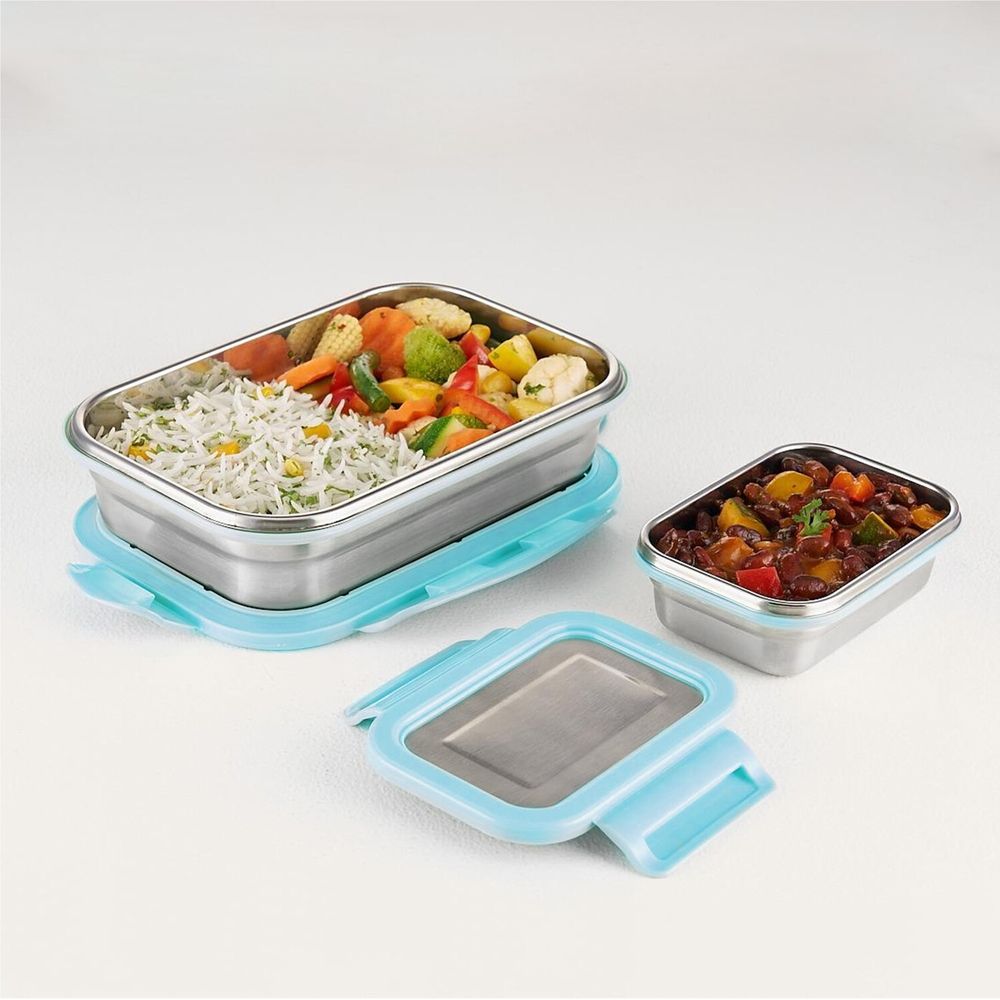 Borosil - Stainless Steel Rectangular Lunch Box Set - Blue - 2 Pcs - 1 L