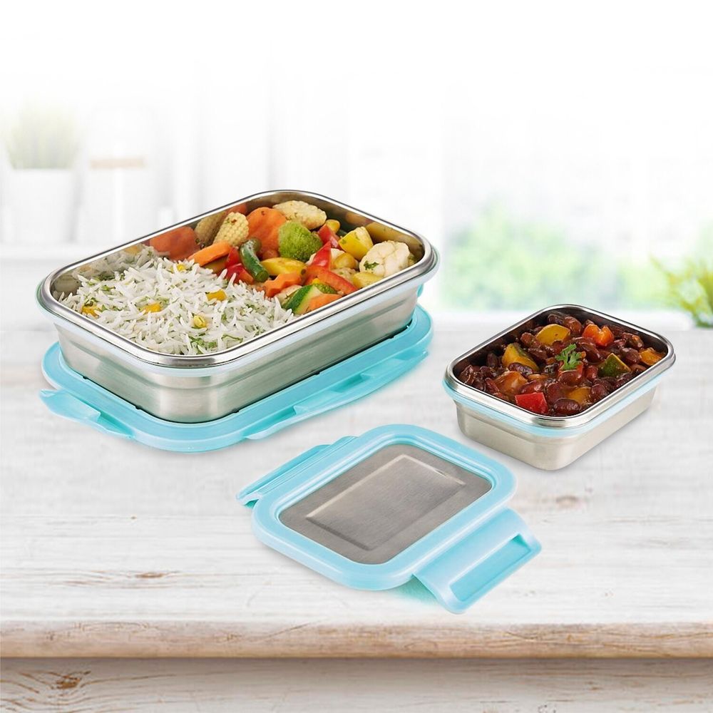 Borosil - Stainless Steel Rectangular Lunch Box Set - Blue - 2 Pcs - 1 L
