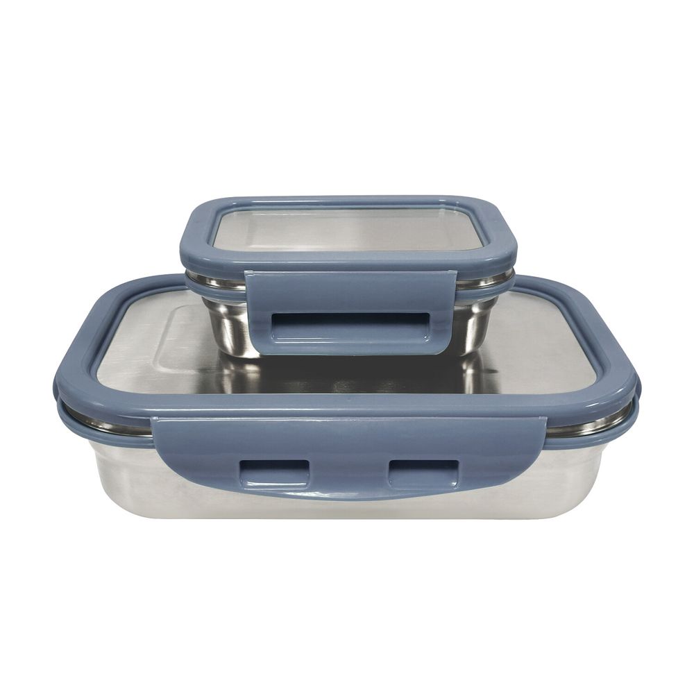 Borosil - Stainless Steel Rectangular Lunch Box Set - Grey - 2 Pcs - 1 L