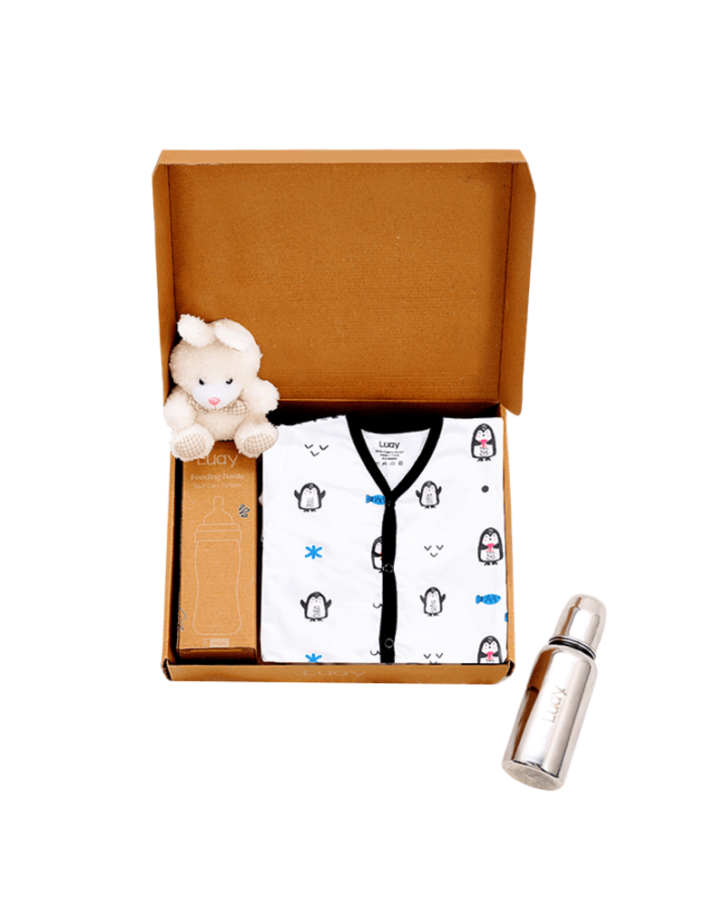 Luay Baby Romper, Feeding Bottle & Teddy Bear Gift Box - White/Black - 3 Pcs