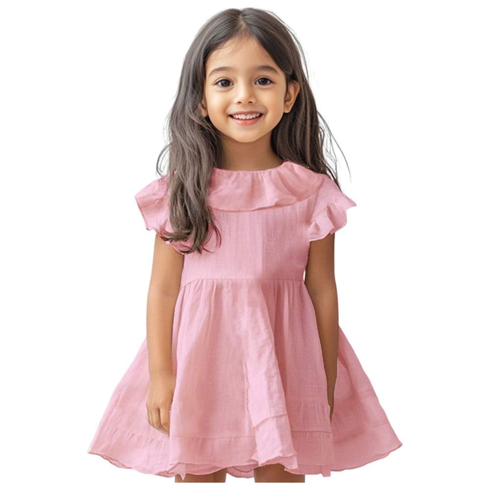 Luay Baby Girl's Linen Frock with Frills - Pink