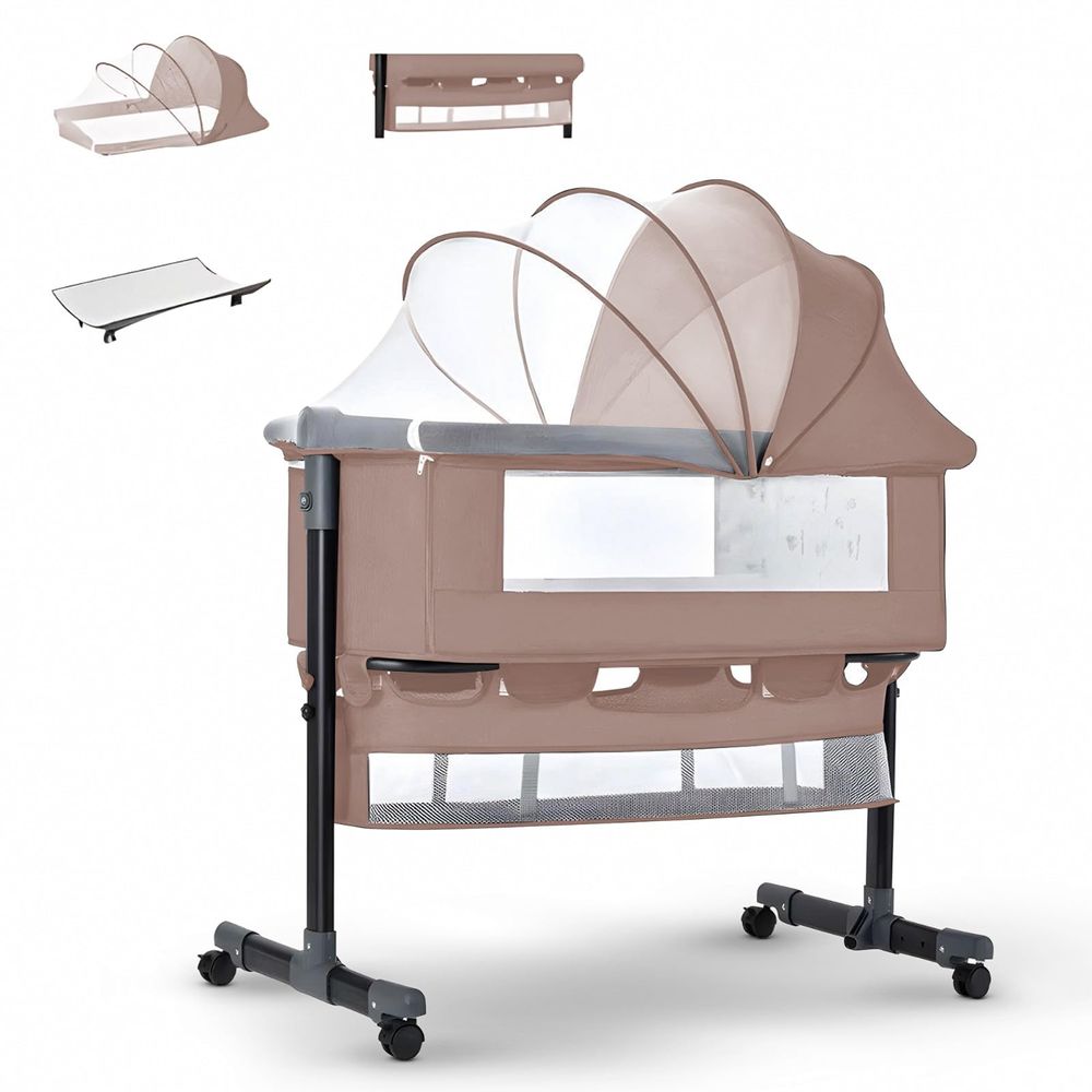 Baybee - 3-In-1 Foldable Bedside Crib With Wheels - Beige