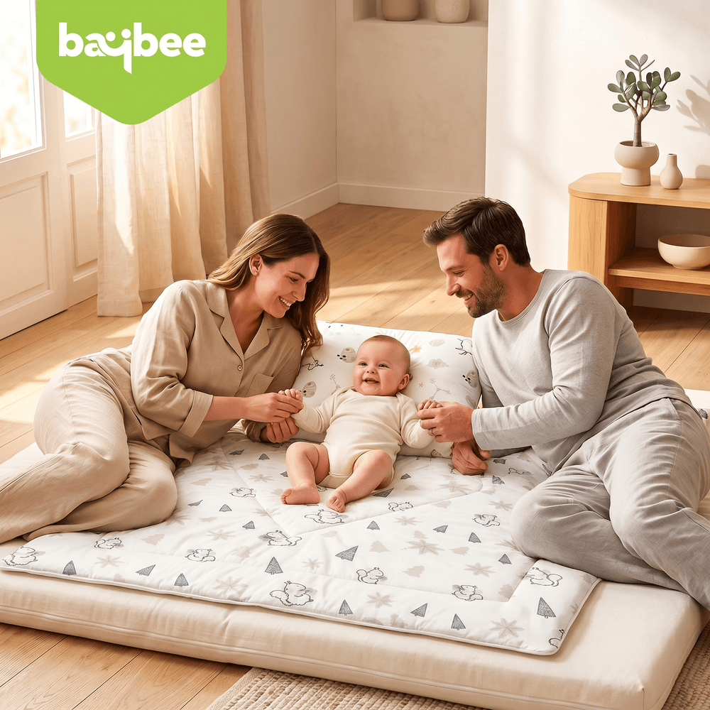 Baybee - Pine Tree Print Baby Tencel Quilt Blanket With Pillow Set - White/Grey