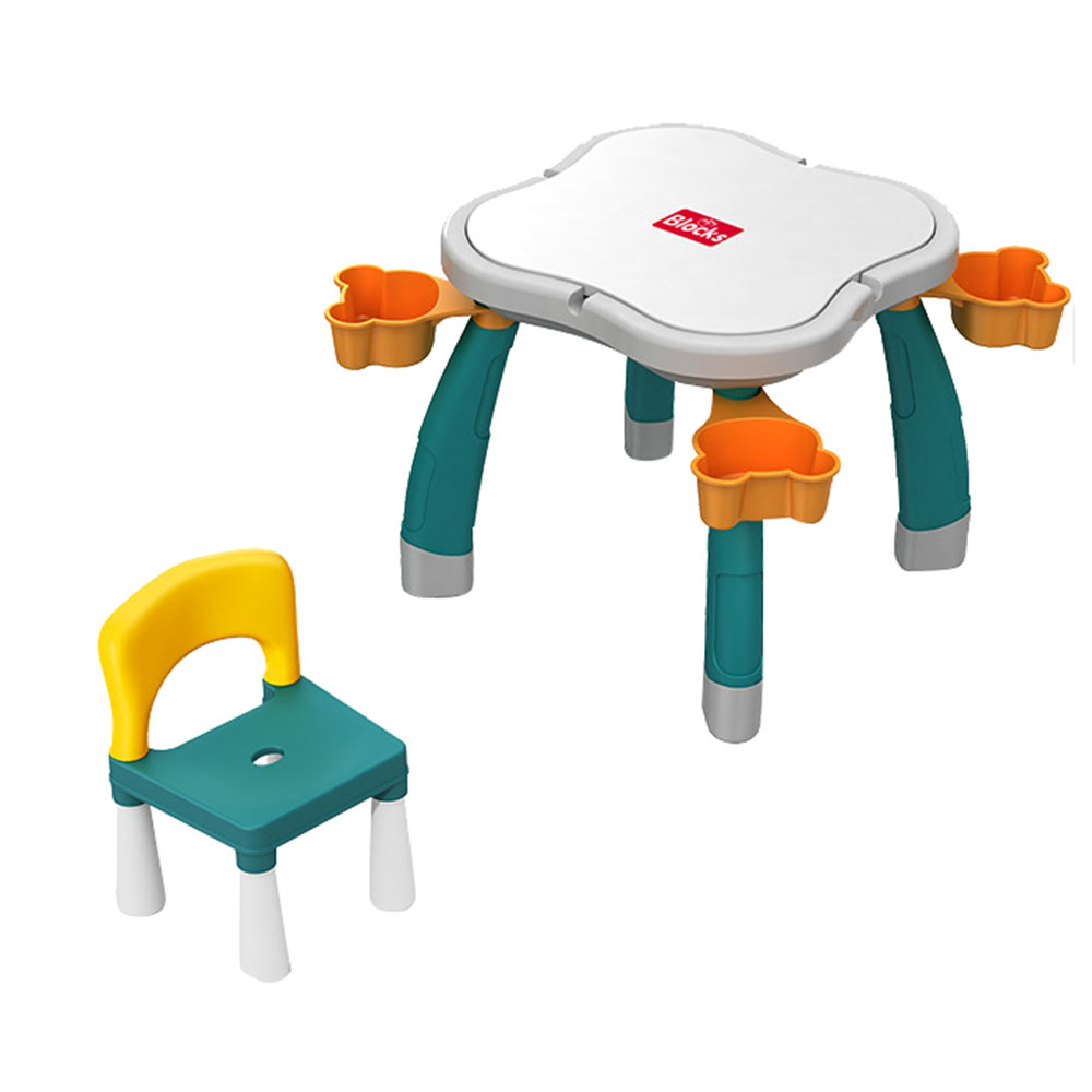 Kikibebe - Plum Blossom Shape Building Block Table with Chair - 100 Pieces Building Blocks - Deep Lake Green