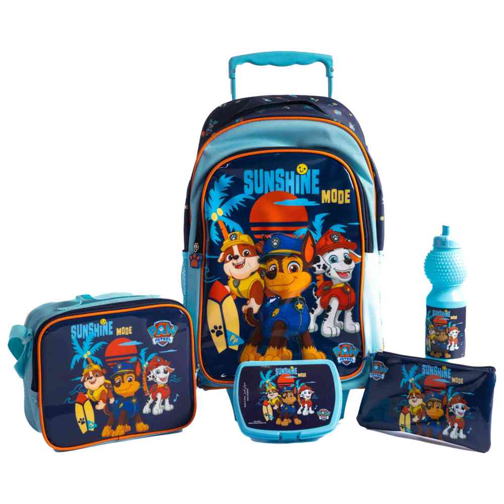 Cocomelon - 5-in-1 School Set - 16-Inch Trolley Bag with Lunch Bag, Pencil Case, Water Bottle & Lunch Box-Blue