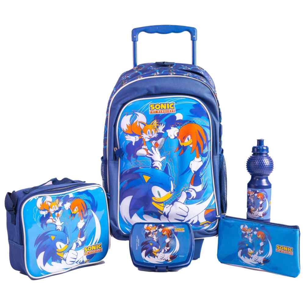 Sonic - 18-Inch Trolley Bag School Set with Lunch Bag, Pencil Case, Water Bottle & Lunch Box - Multicolor