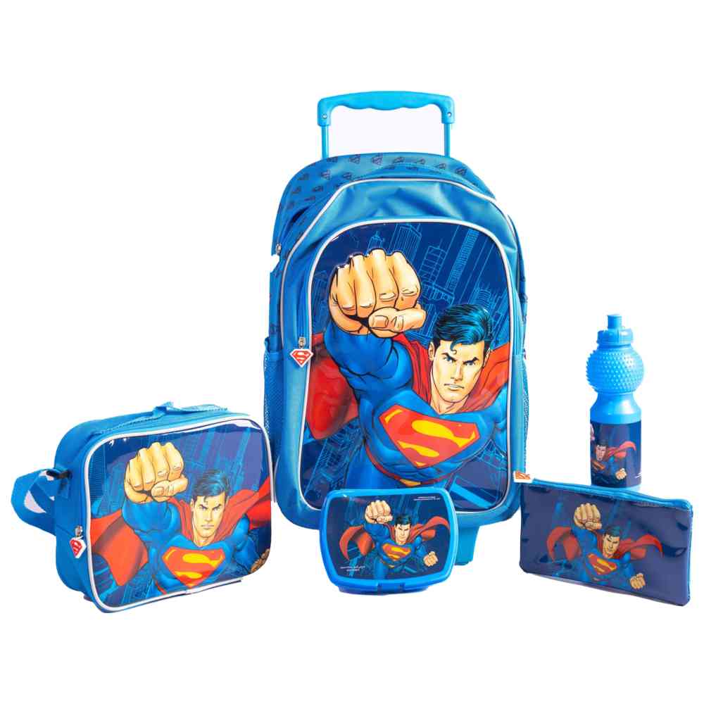 Superman - 18-Inch Trolley Bag Set - Includes Lunch Bag, Pencil Case, Water Bottle & Lunch Box - Blue