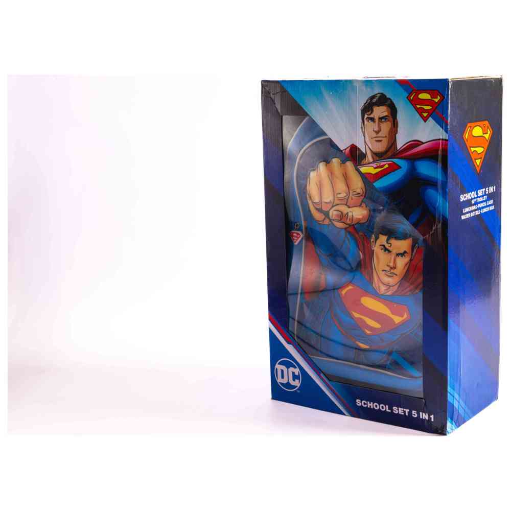 Superman - 18-Inch Trolley Bag Set - Includes Lunch Bag, Pencil Case, Water Bottle & Lunch Box - Blue