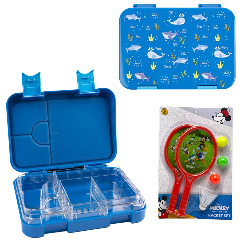 Cocobee - 6-Compartment Shark Bento Lunch Box With Mickey Racket Set