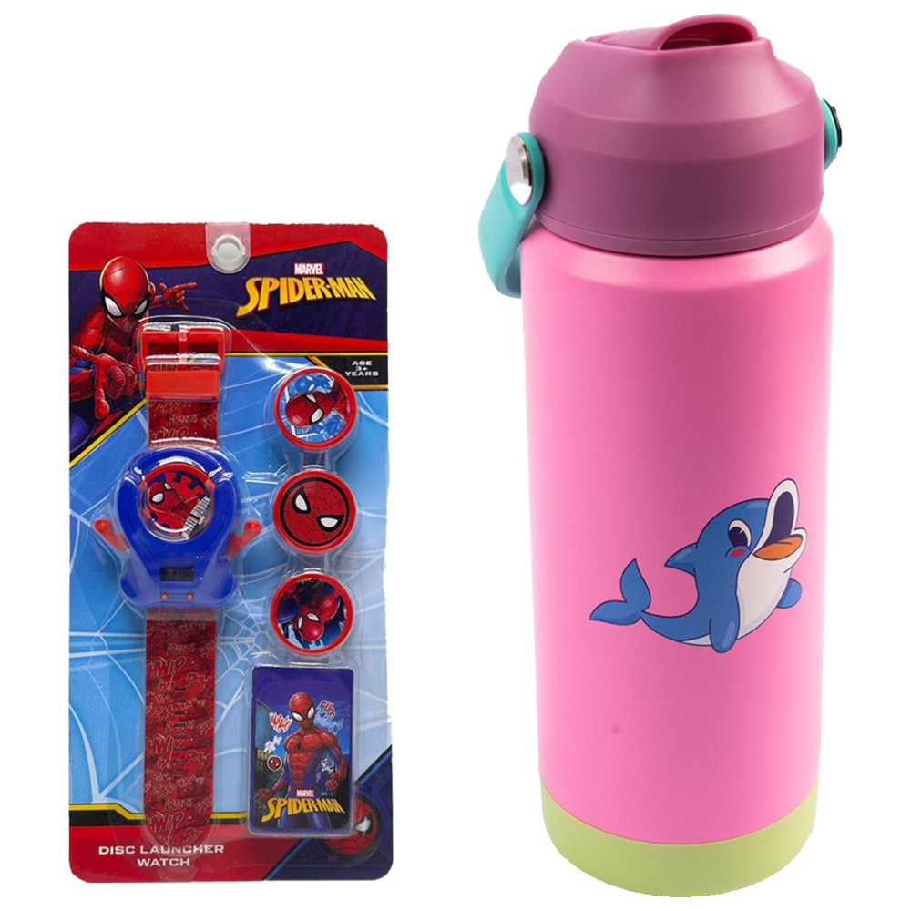 Cocobee - Kids Dolphin Stainless Steel Water Bottle With Spider-Man Disc Launcher Watch