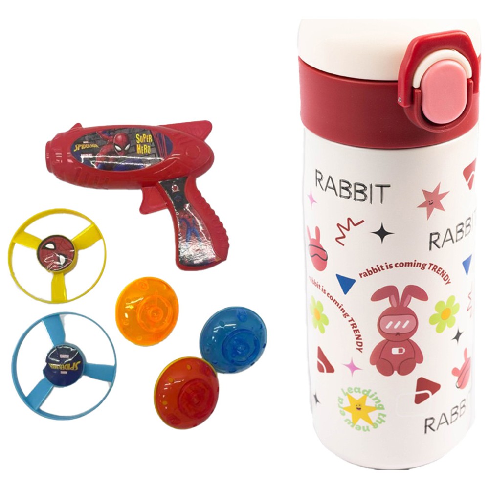 Cocobee - Kids Rabbit Stainless Steel Water Bottle With Spider-Man Flying Saucer Toy