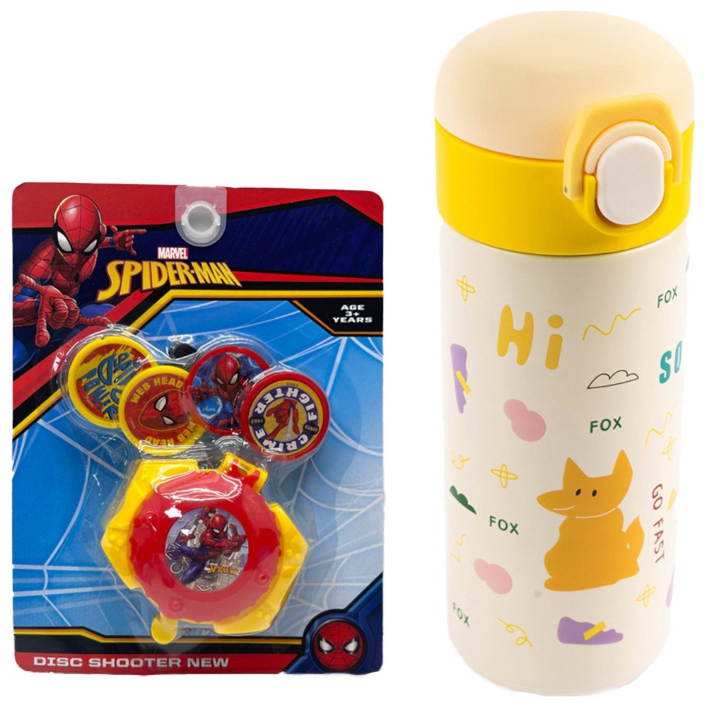 Cocobee - Kids Fox Stainless Steel Water Bottle With Spider-Man Disc Shooter Set