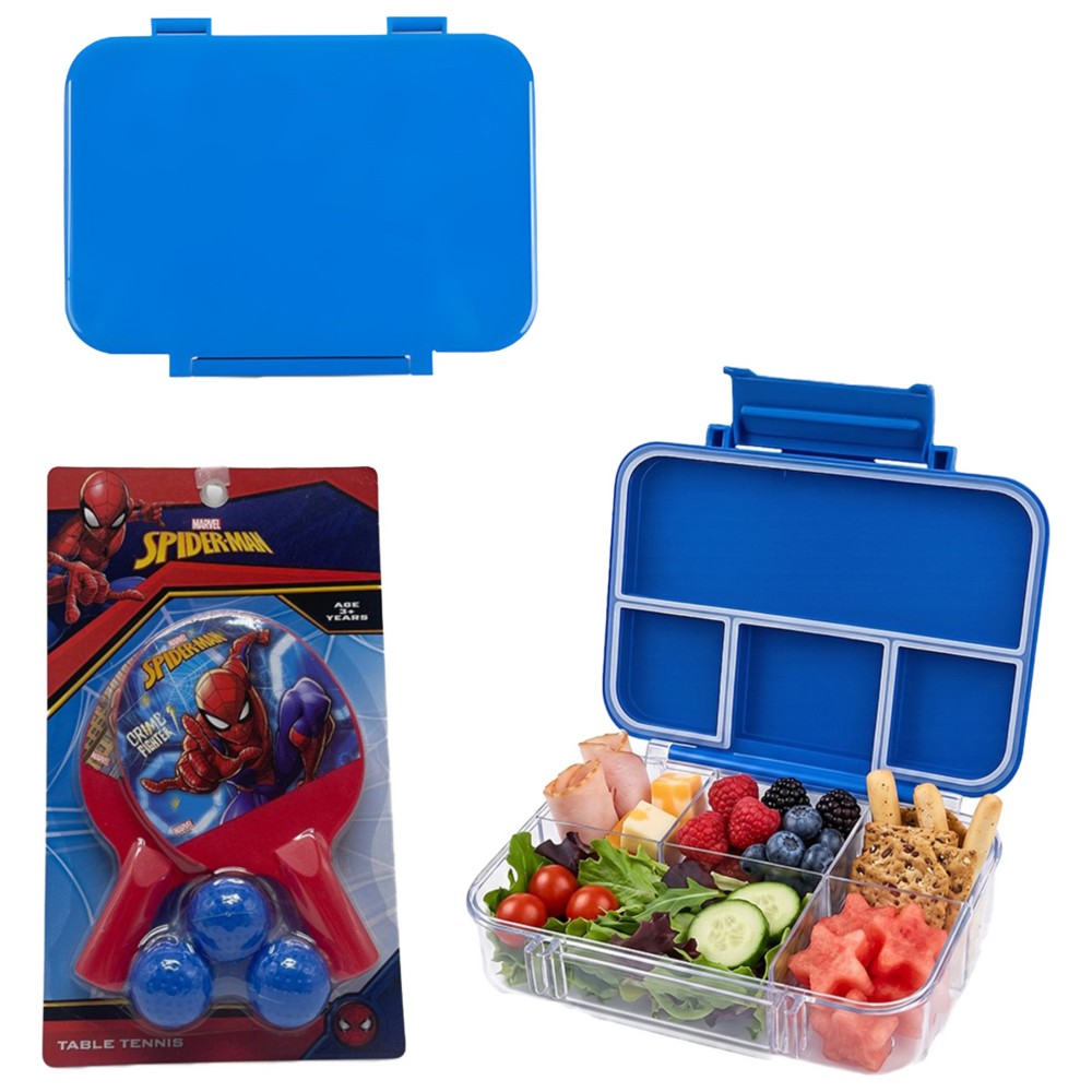 Cocobee - 4-Compartment Tritan Bento Lunch Box With Spider-Man Paddle Ball Set