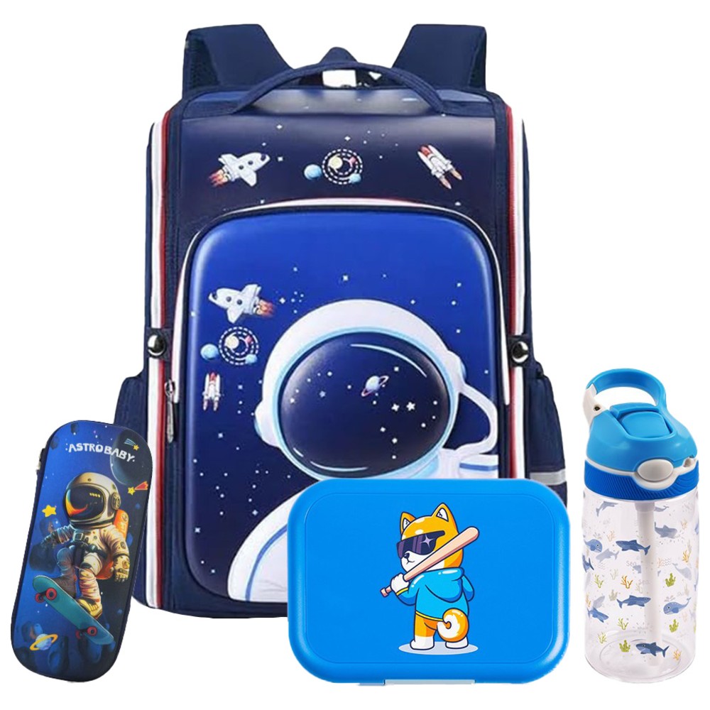Cocobee - Kids Astronaut Backpack With 4-Compartment Bento Box, Water Bottle And Pencil Case - Blue