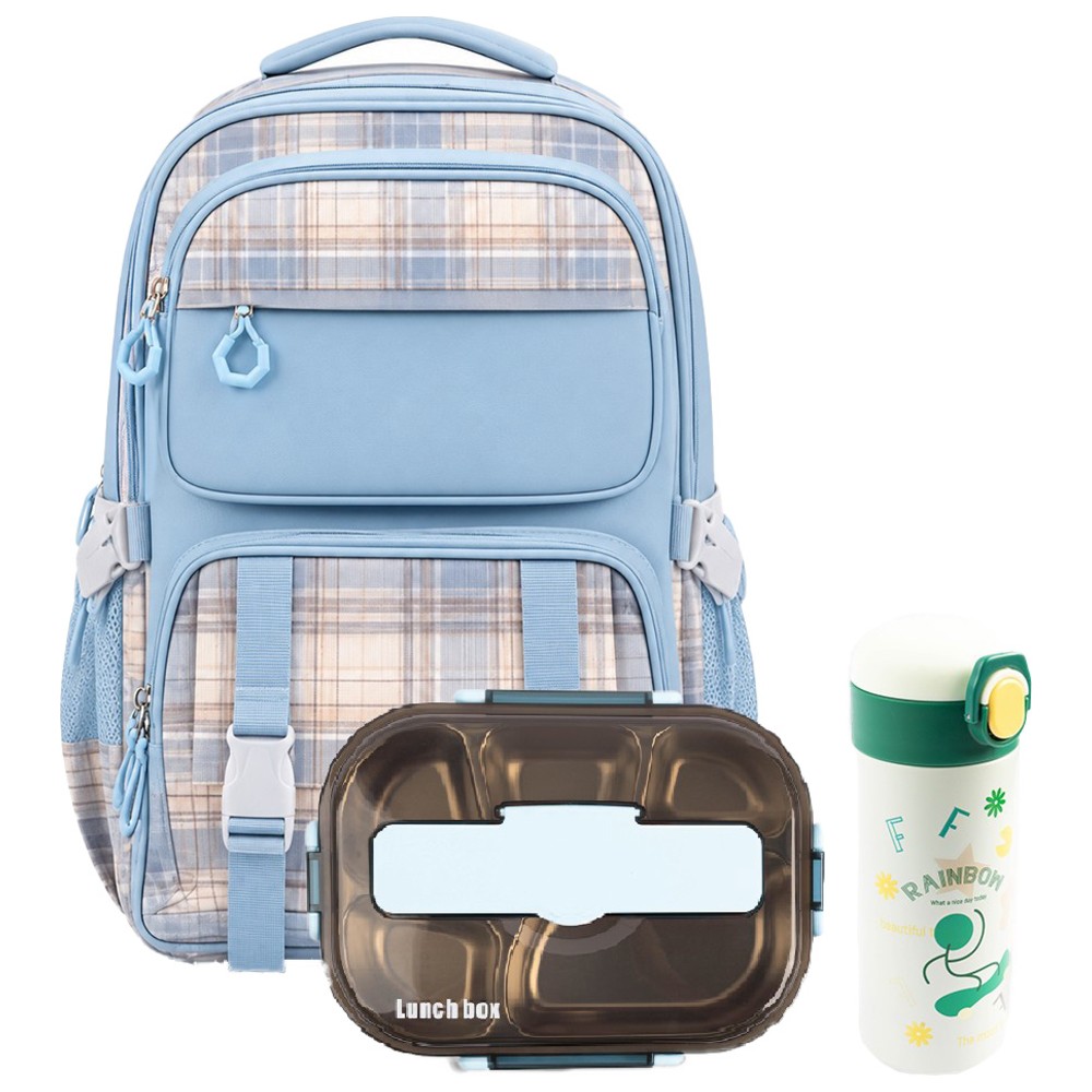 Cocobee - Kids Checkered Backpack With 4-Compartment Oval Lunch Box And Stainless Steel Water Bottle - Blue