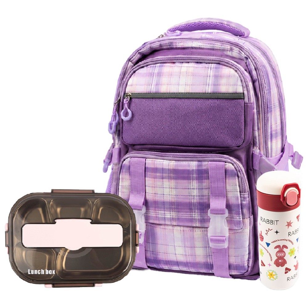 Cocobee - Kids Checkered Backpack With 4-Compartment Oval Lunch Box And Stainless Steel Water Bottle - Purple