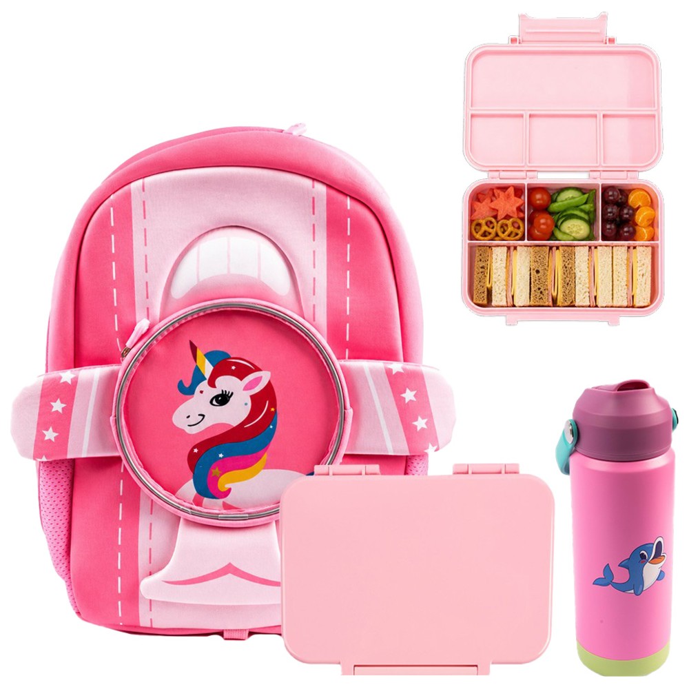 Cocobee - 4-Compartment Kids Unicorn Backpack With Stainless Steel Water Bottle And Bento Lunch Box - Pink