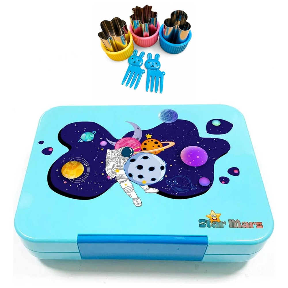 Starmarz - 4-Compartment Space Glitter Bento Lunch Box With Super Boy Bottle, Sandwich Cutters And Picks