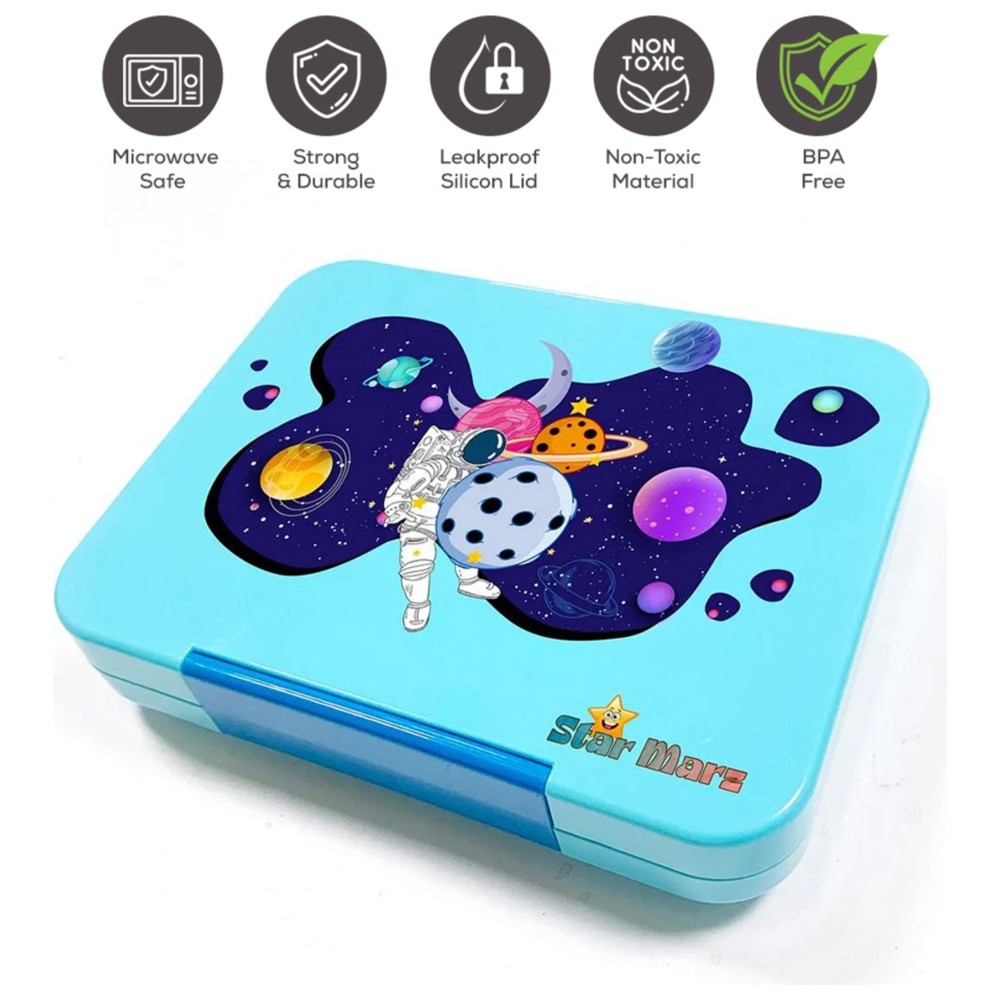 Starmarz - 4-Compartment Space Glitter Bento Lunch Box With Super Boy Bottle, Sandwich Cutters And Picks