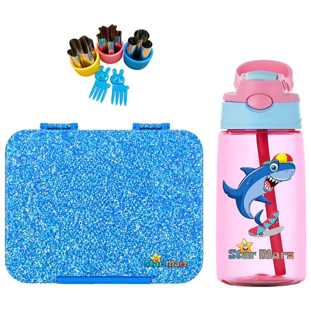 Starmarz - 6-Compartment Glitter Bento Lunch Box With Shark Bottle, Sandwich Cutters And Picks