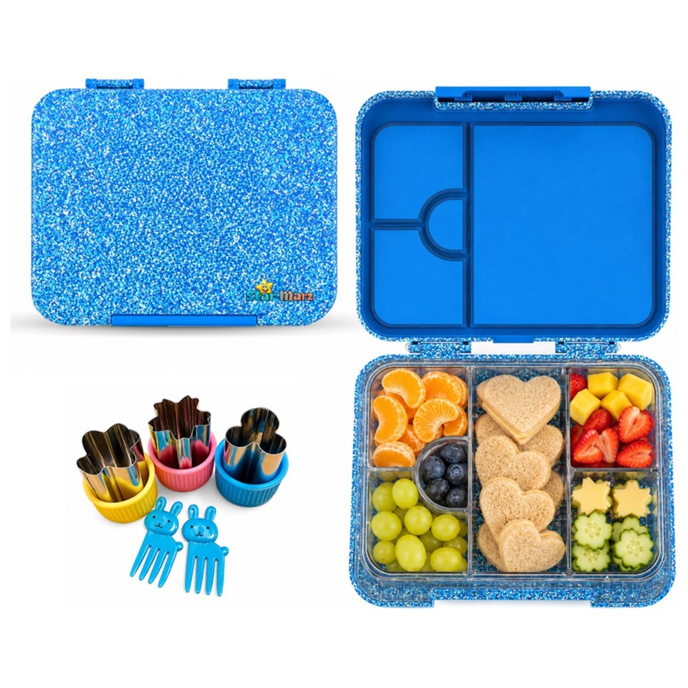 Starmarz - 6-Compartment Glitter Bento Lunch Box With Shark Bottle, Sandwich Cutters And Picks