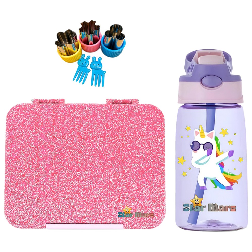 Starmarz - 6-Compartment Glitter Bento Lunch Box With Unicorn Bottle, Sandwich Cutters And Picks - Pink