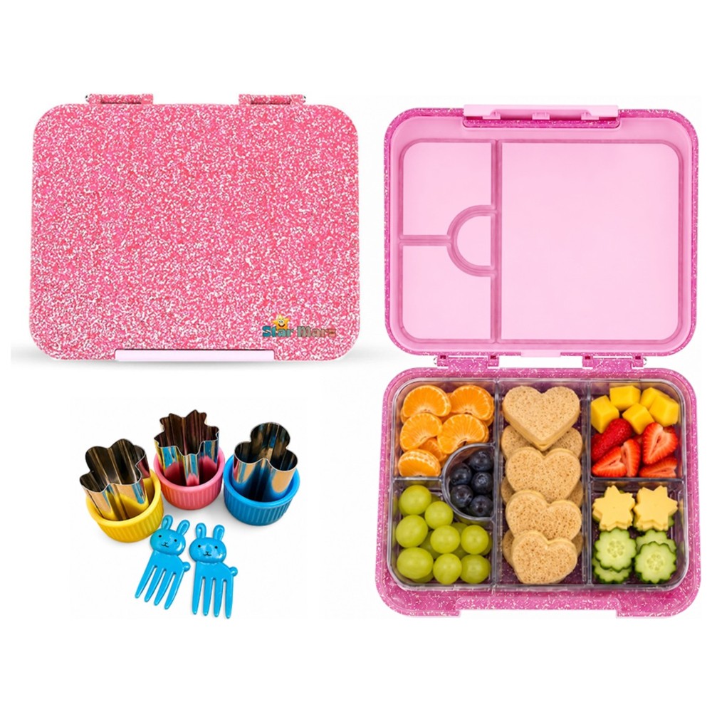Starmarz - 6-Compartment Glitter Bento Lunch Box With Unicorn Bottle, Sandwich Cutters And Picks - Pink