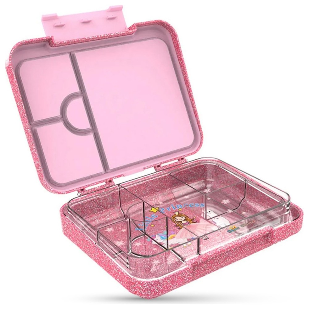 Starmarz - 6-Compartment Glitter Bento Lunch Box With Unicorn Bottle, Sandwich Cutters And Picks - Pink