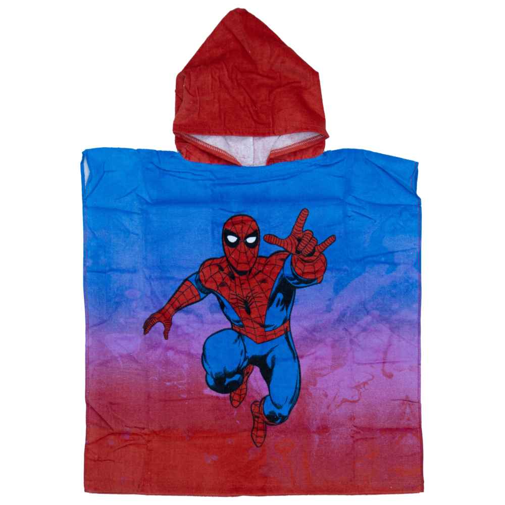 Spiderman - Kids Poncho Towel - 100% Cotton Hooded Bath Wrap for Boys - Blue & Red