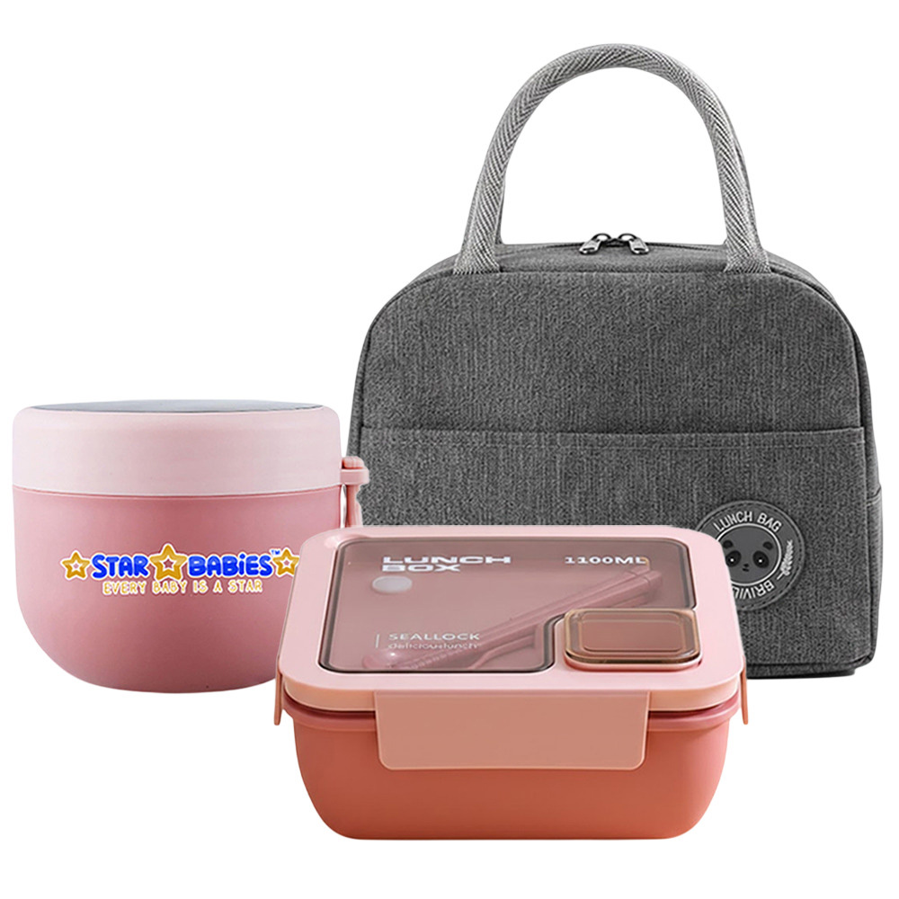 Star Babies - Insulated Lunch Bag With Lunch Box And Food Jar - Pink/Grey