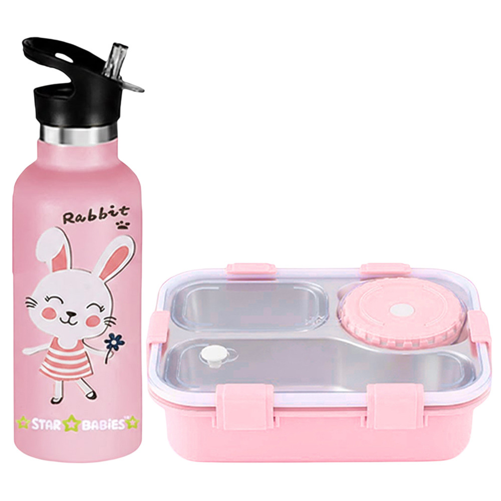 Star Babies - 3-Compartment Insulated Bento Lunch Box With Stainless Steel Water Bottle - Cute Rabbit