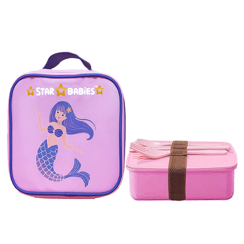 Star Babies - Insulated Lunch Bag With Organic Wheat Lunch Box And Cutlery Set - Little Mermaid - 5 Pc Set