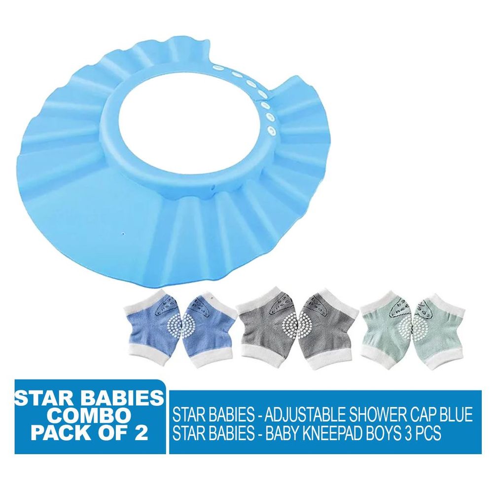 Star Babies - Adjustable Shower Cap w/ Baby Boy's Knee Pad 3Pcs - Blue