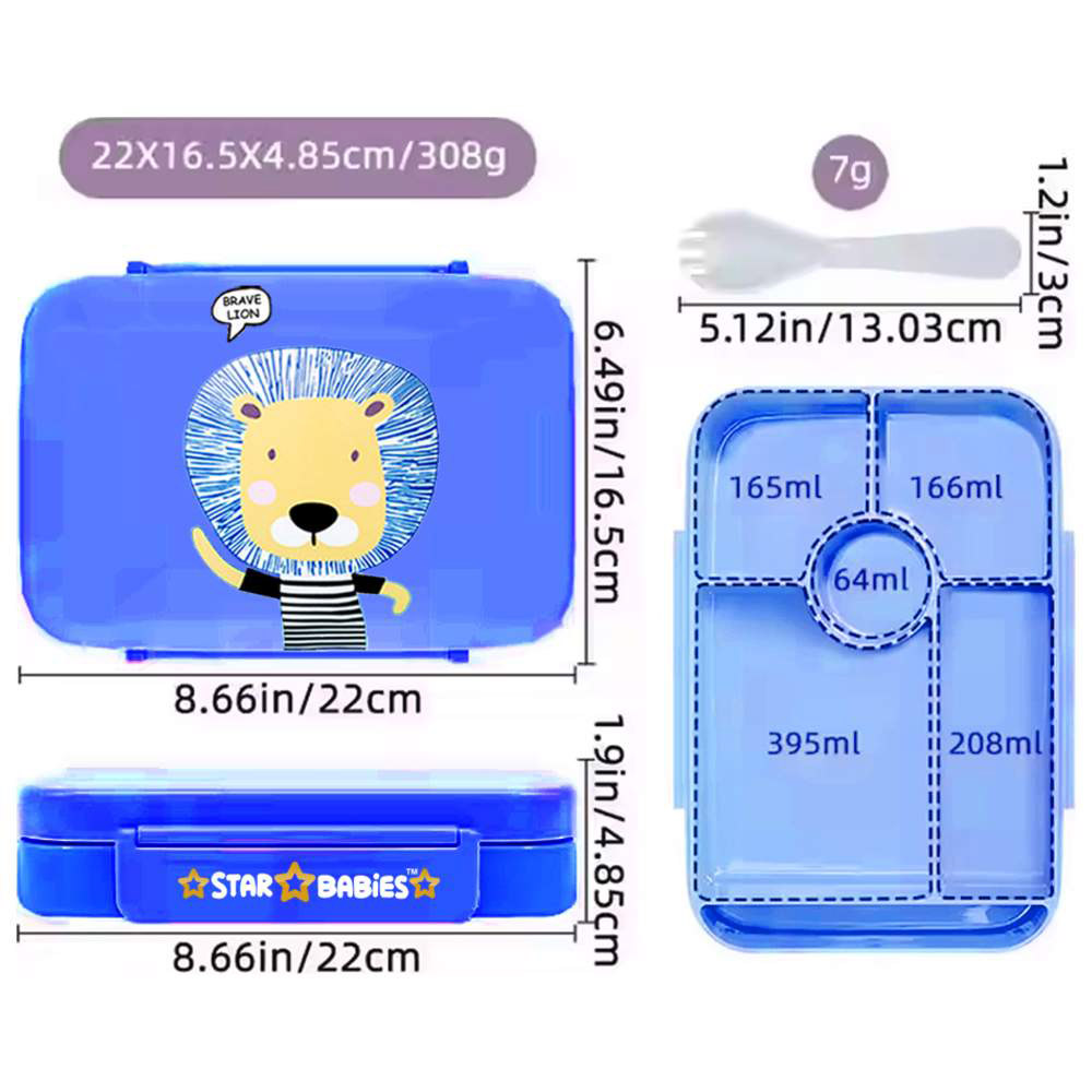 Star Babies - 5 -Compartment Bento Lunch Box With Stainless Steel Water Bottle, Disposable Towels And Cutlery Set - Brave Lion - 16 Pc Set