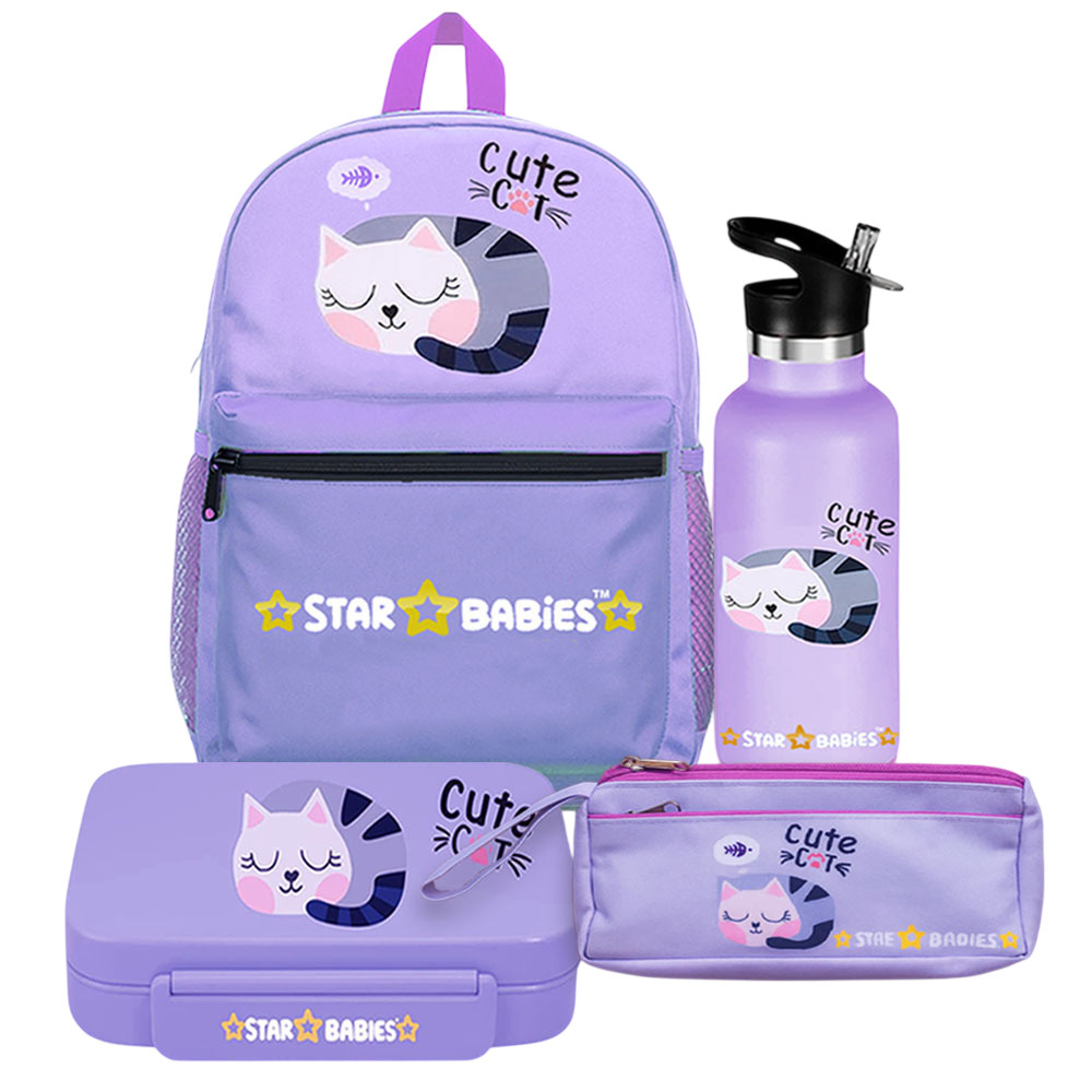 Star Babies - School Backpack With Bento Lunch Box, Stainless Steel Water Bottle And Pencil Case - Cute Cat