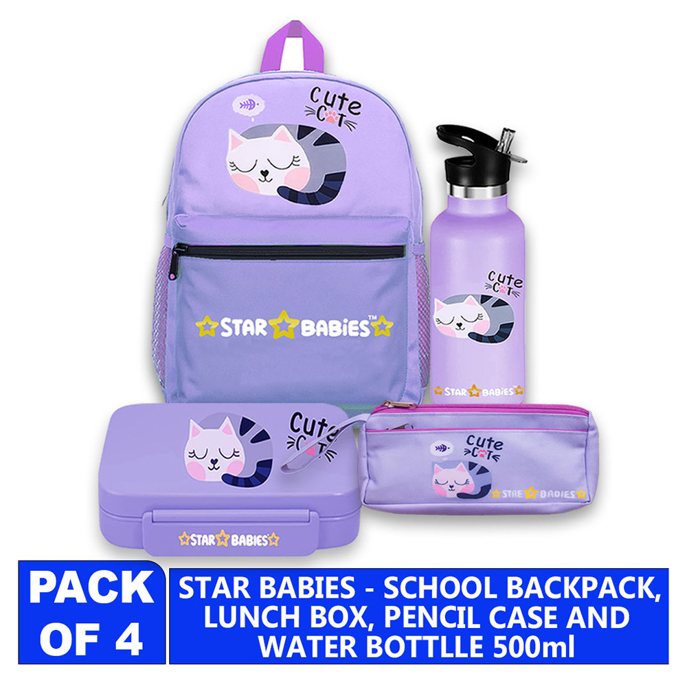 Star Babies - School Backpack With Bento Lunch Box, Stainless Steel Water Bottle And Pencil Case - Cute Cat