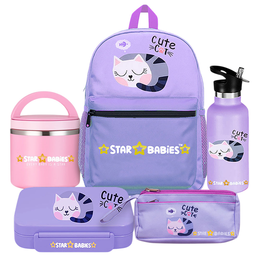 Star Babies - School Backpack, Bento Lunch Box, Water Bottle With Pencil Case And Food Jar Set - Cute Cat