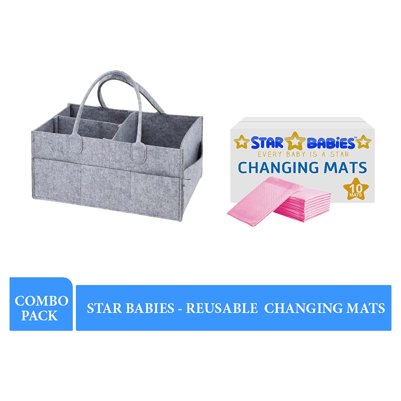 Star Babies - Diaper Caddy - Grey With Disposable Changing Mat - Pink - 10 Pcs
