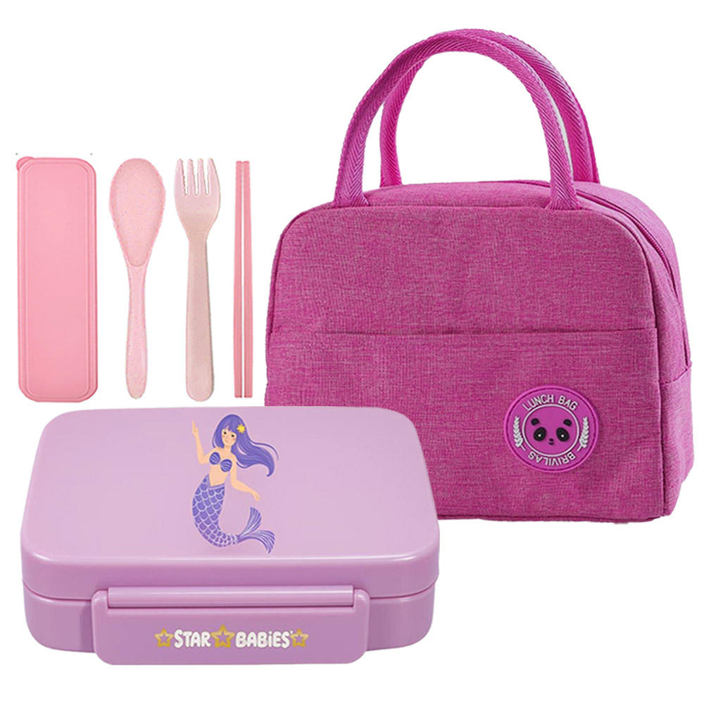 Star Babies - 5-Compartment Mermaid Lunch Box With Insulated Mini Lunch Bag And Cutlery Set - Purple - 6 Pc Set
