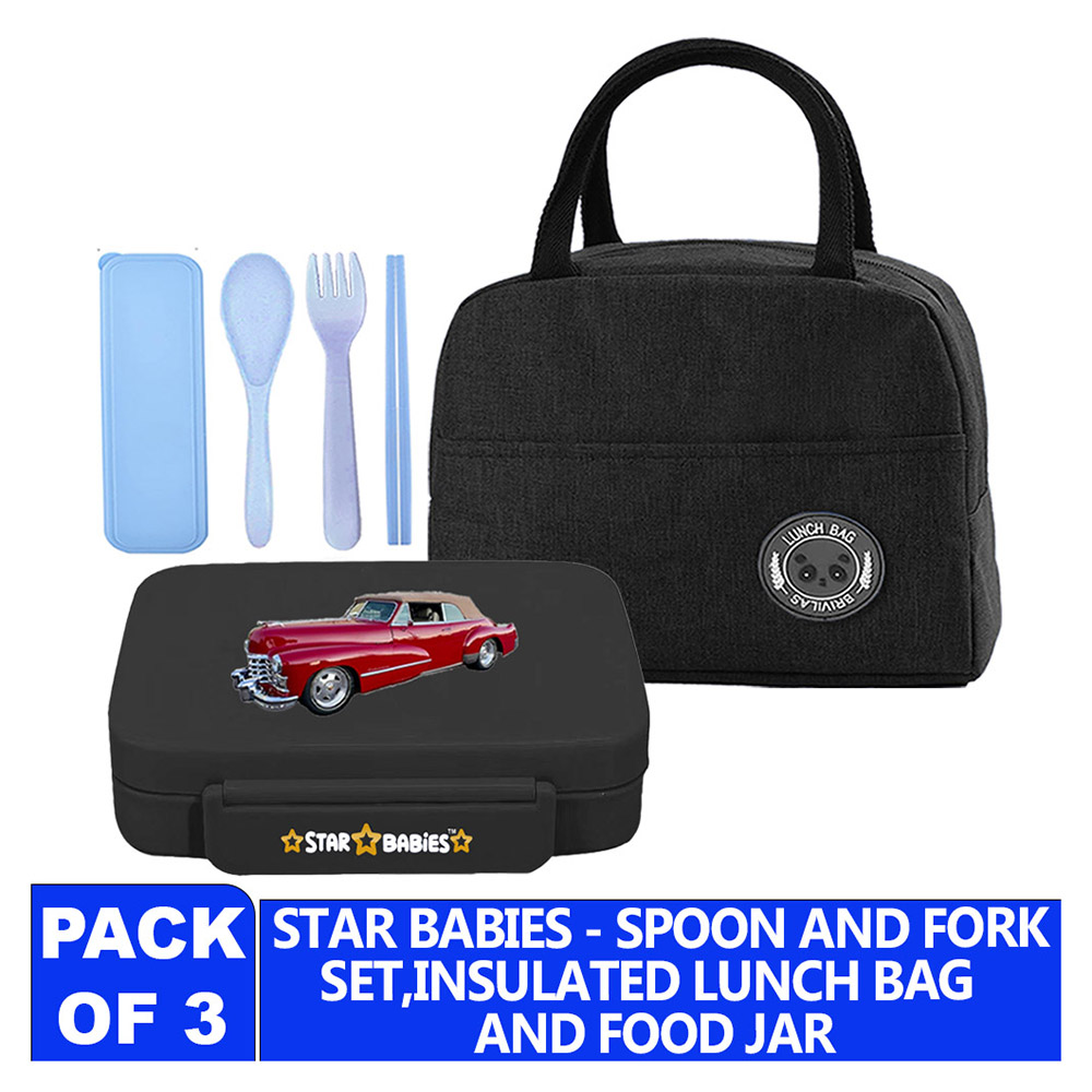 Star Babies - 5-Compartment Car Lunch Box With Insulated Mini Lunch Bag And Cutlery Set - 6 Pc Set