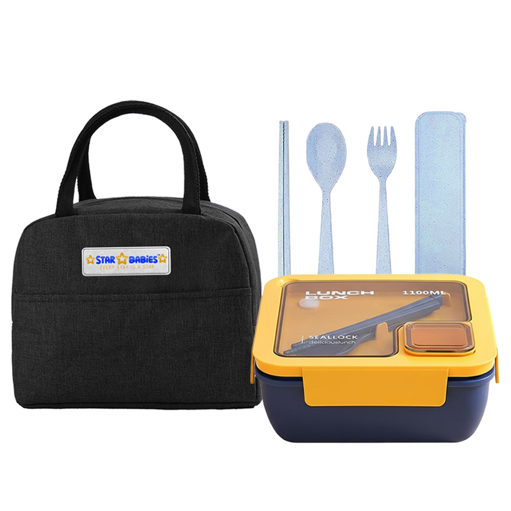 Star Babies - Insulated Lunch Bag With Lunch Box And Organic Cutlery Set - Charcoal - 6 Pc Set