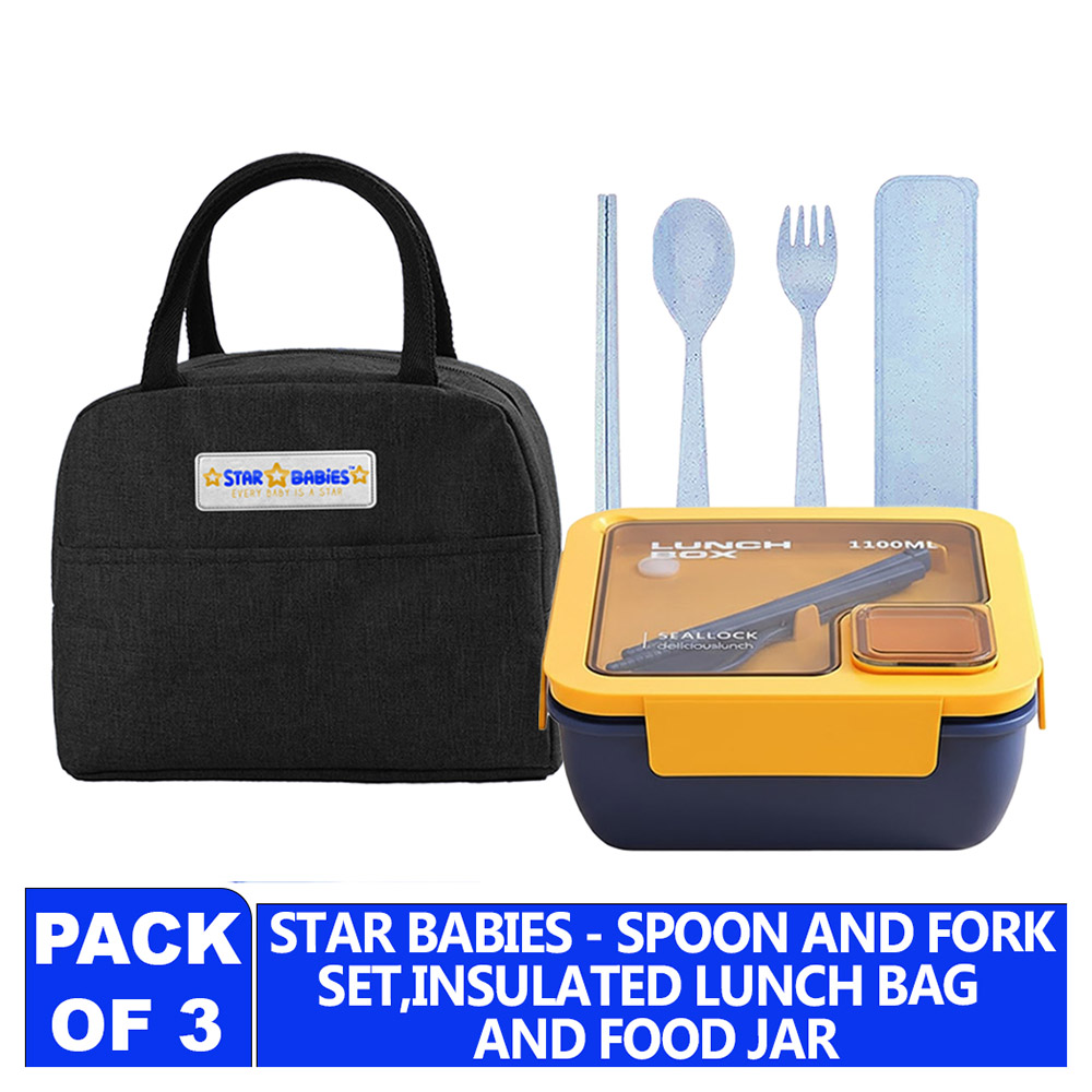 Star Babies - Insulated Lunch Bag With Lunch Box And Organic Cutlery Set - Charcoal - 6 Pc Set