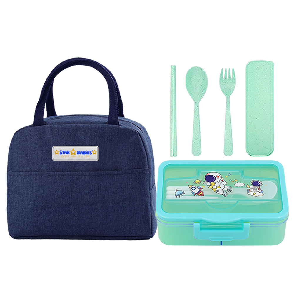 Star Babies - Insulated Lunch Bag With Astro Lunch Box And Organic Cutlery Set - Blue - 6 Pc Set